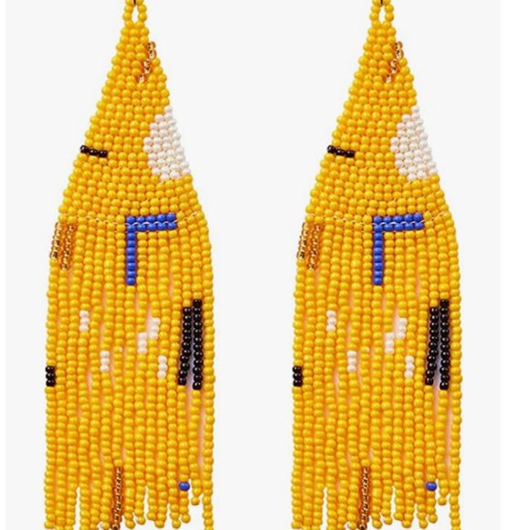 Golden Yellow Long 5" Multicolor Abstract Earrings Beaded Oversized Boho - Picture 1 of 5